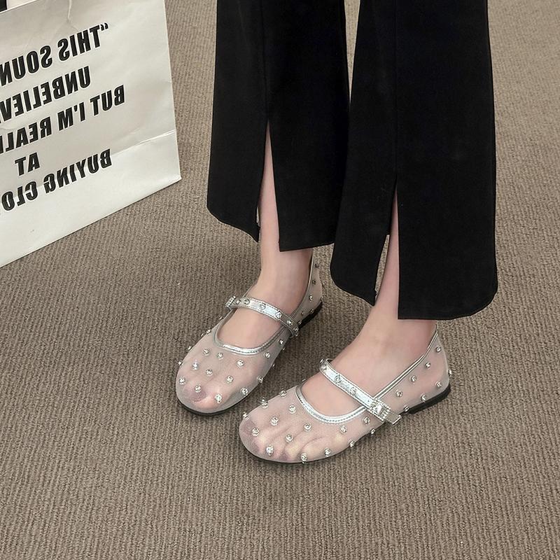 Fashion New Popular Women's Flat Shoes Mesh-edge Upper Rhinestones Soft Soles Shoes Women Dress Breathable Fairy Style Zapatos De Mujer