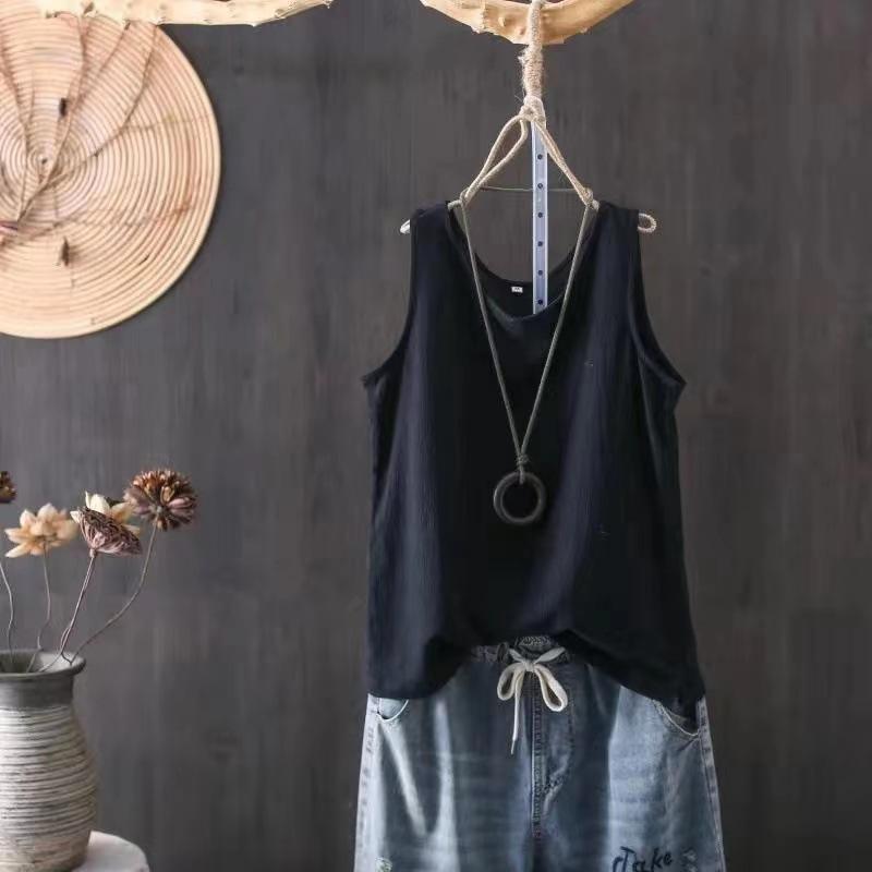 Spring/Summer Women's Knitted Tank Top Solid Color Artistic Retro Loose Cotton and Hemp Bottom Shirt Strap Top