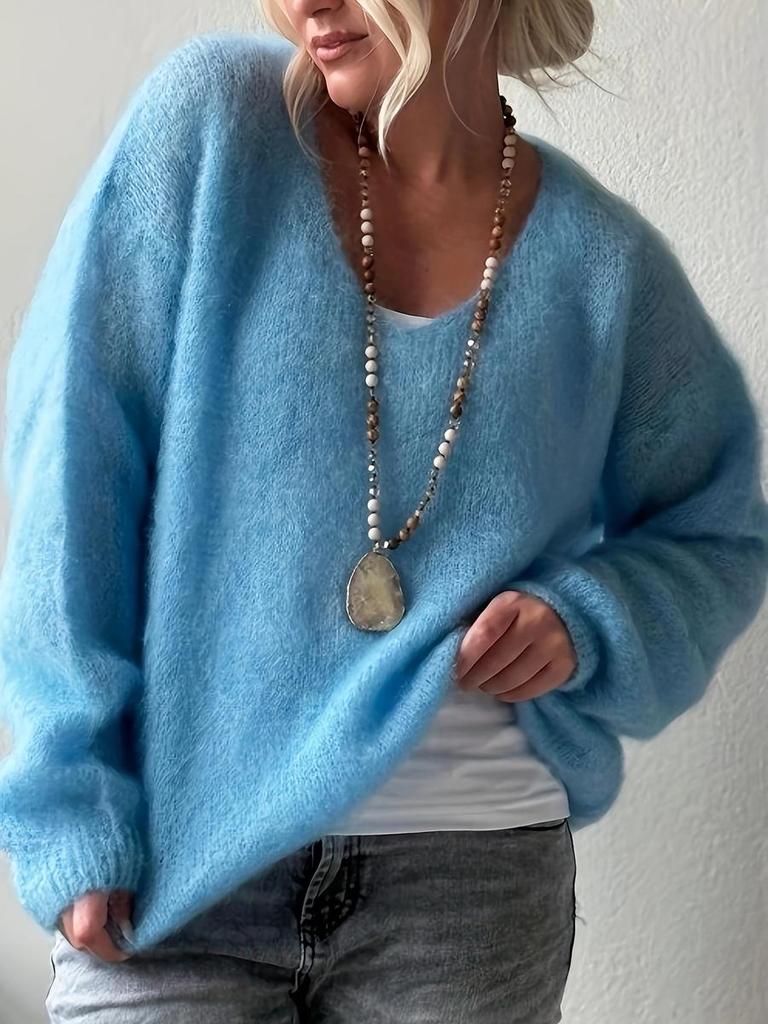 Soft and Fluffy V-Neck Long Sleeve Sweater Women's Autumn Winter Pullover Solid Color Lazy Style Loose Knit Top