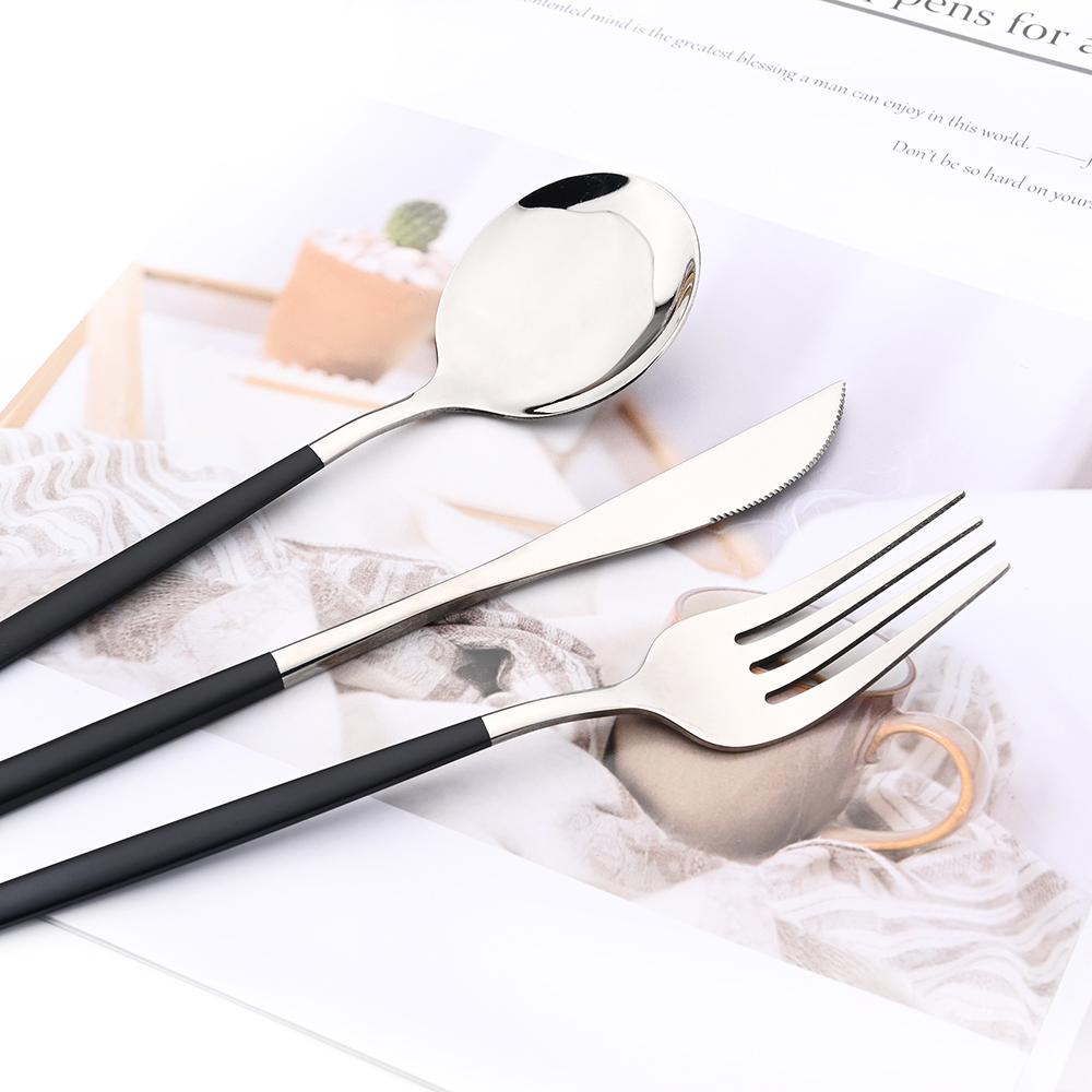 Black Silver 24pcs Stainless Steel Cutlery Set Fork Teaspoon Knife Silverware Mirror Dinnerware Flatware Kitchen Tableware Set