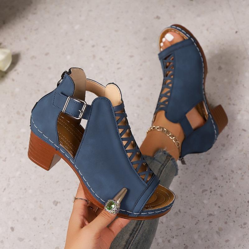Large-Size Summer New Chunky High-Heel Roman Peep-Toe Hollow-Out Buckle Sandals