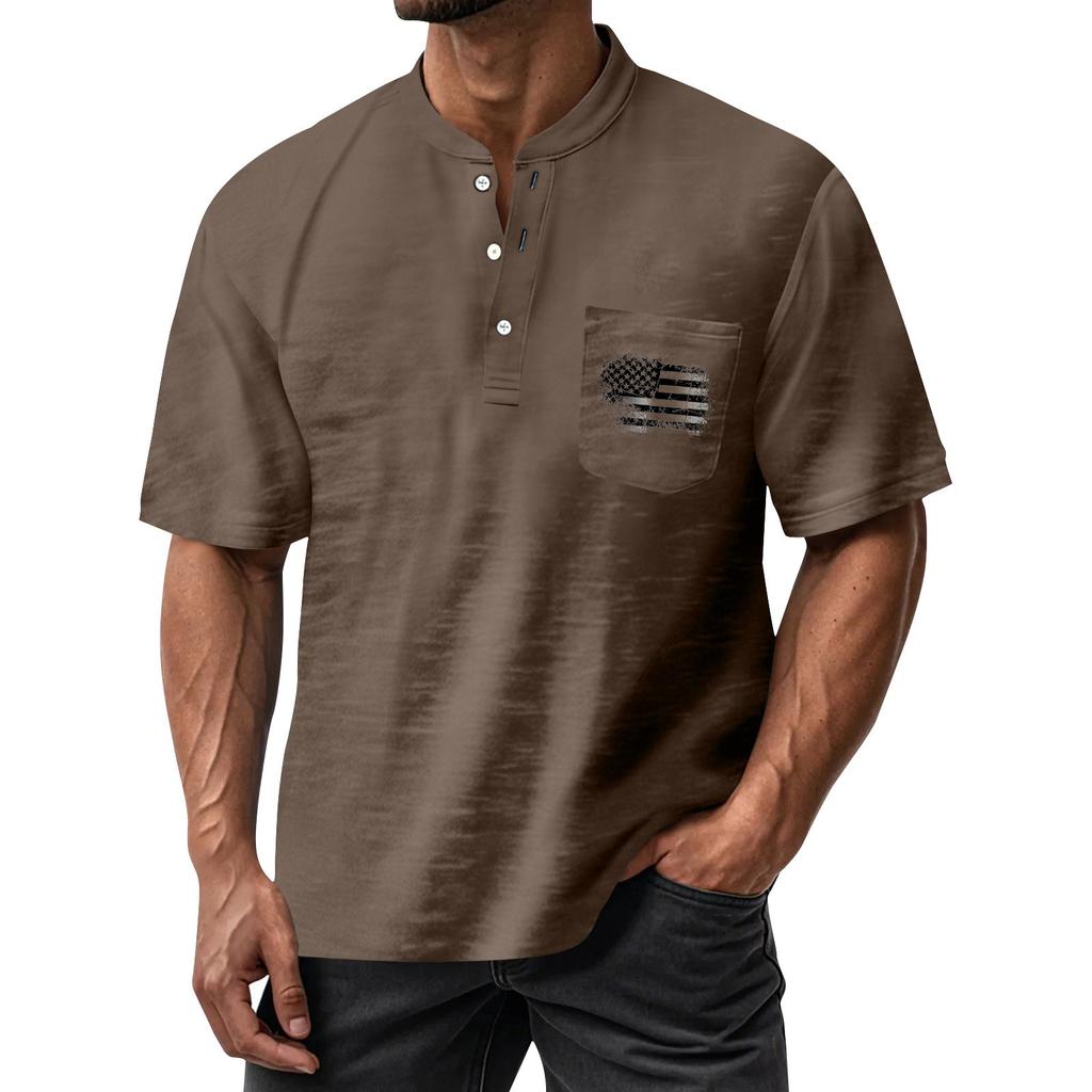 Men's Summer Independence Day Pattern Round Neck Short Sleeve T-Shirt Neck Men's All- Casual Button Shirt