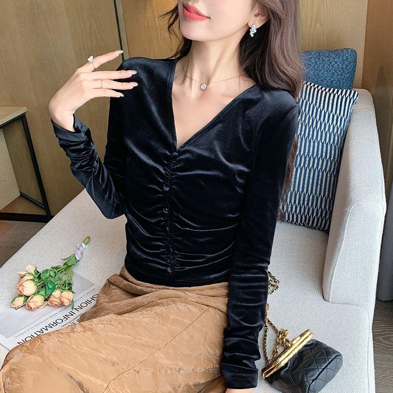 Small Fall and Winter New Arrival Fashion Commute Slim-Fit Easiest for Match V Neck Ruched Pleuche Long Sleeve T-shirt Bottoming Shirt