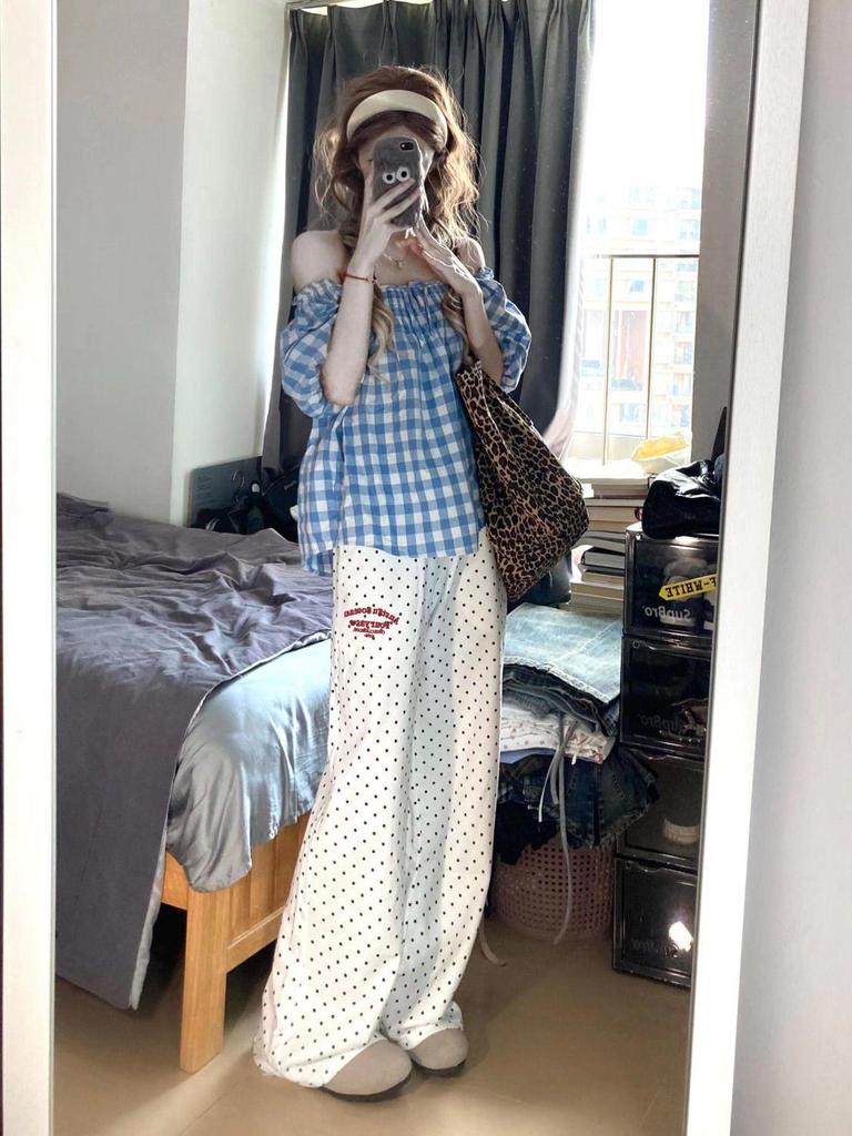 Women's High-Waist Polka Dot Wide-Leg Embroidery Pants - Casual Spring/Summer Straight-Leg, Loose-Fit, Slimming Style.