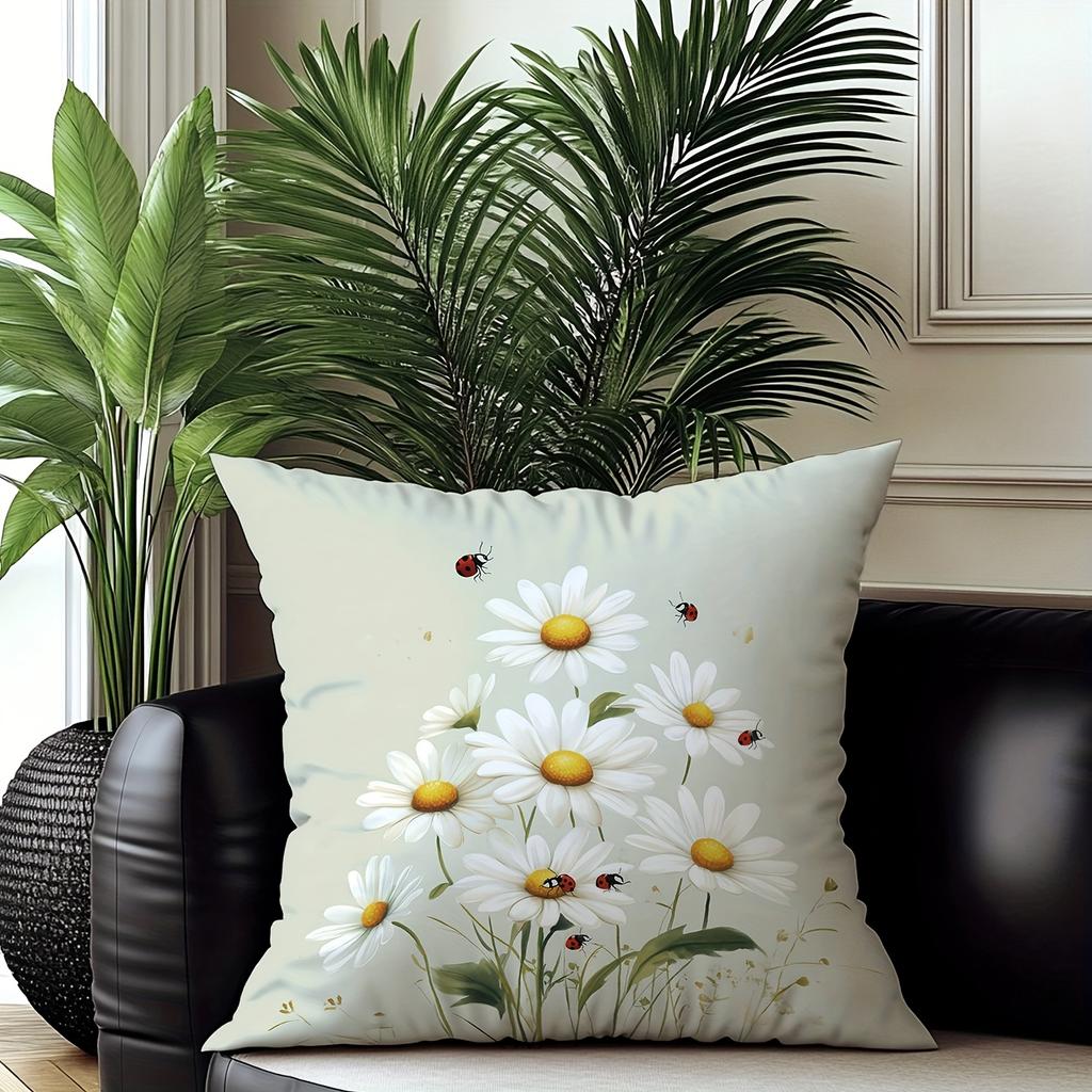 4 Pack Cushion Covers 45X45Cm Botanical Daisy Print With Ladybirds And Insects On Soft Sage Green For Living Room Decor