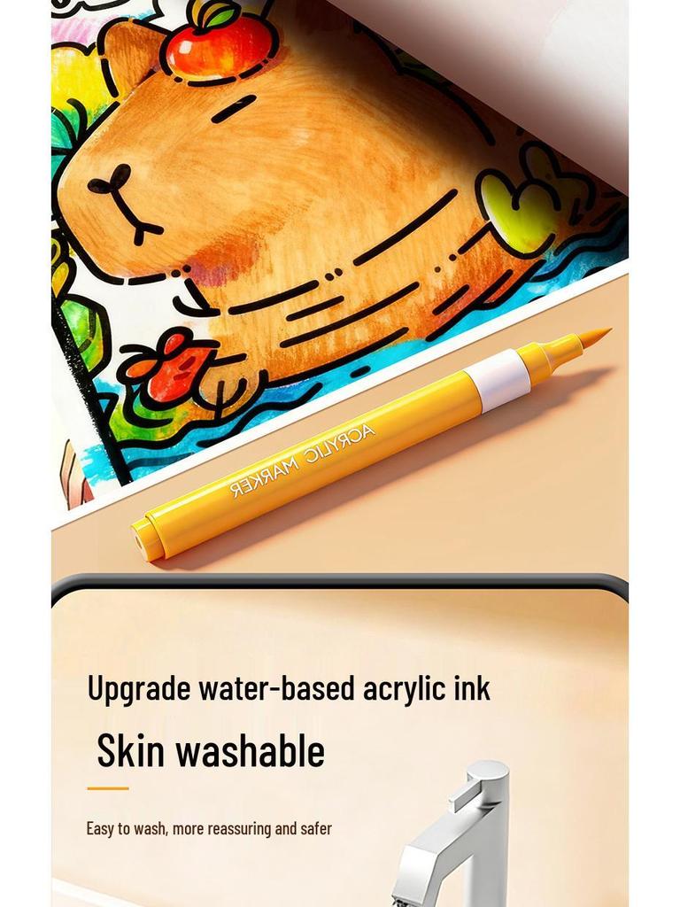 Large Capacity Washable Acrylic Marker Set with Soft Tip and Paint Brushes for Kids' Art Class