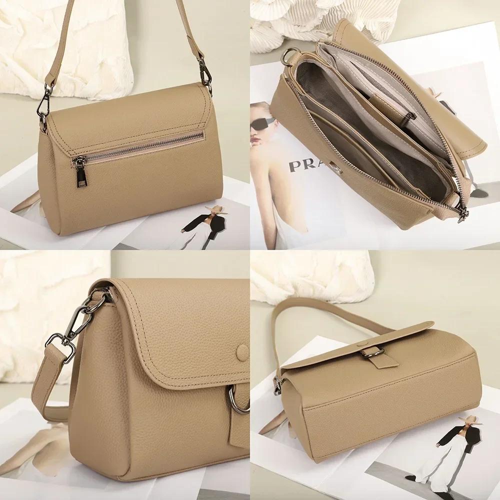 Women's Genuine Leather Luxury Underarm Bag Square Handbag Solid Versatile Real Cowhide Multi Compartment Single Shoulder Bag