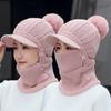 Women Knitted Wool Hat with Visor and Pom Pom Winter Warm Thick Cable Knit Beanie Hat with Adjustable Ear Flaps and Neck Warmer