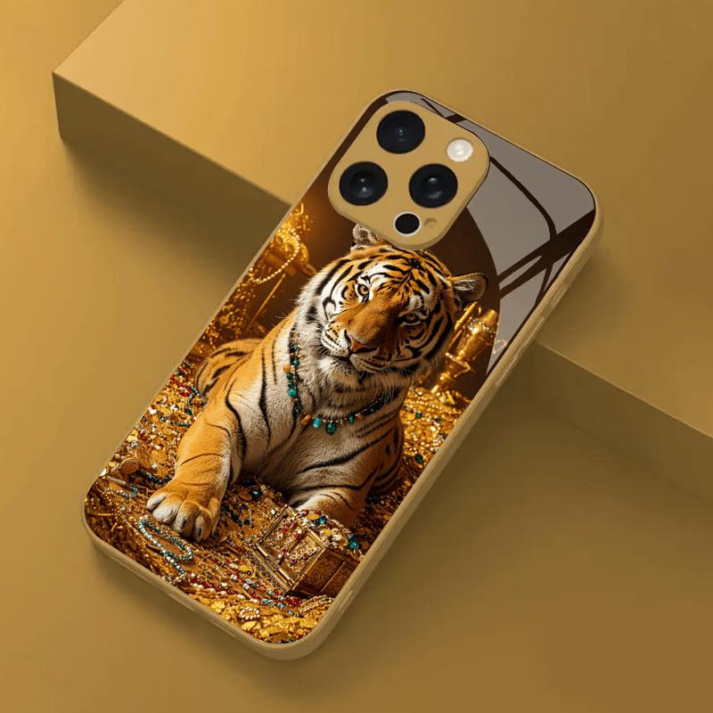 Gold Tiger Pattern Electroplated Glass Phone Case Suitable for iPhone 17 16 15 14 13 12 11 Pro/Max/Plus Shockproof Back Cover