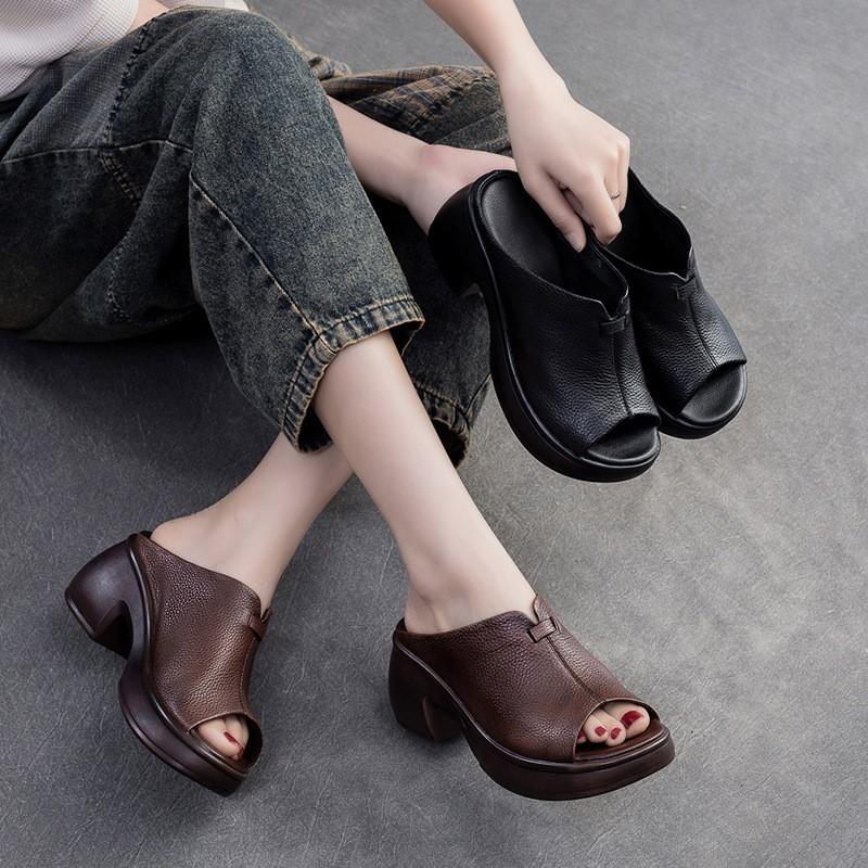 Johnature Pantoufles à bout ouvert et semelle épaisse en cuir véritable, sandales rétro, chaussures confortables et décontractées pour femmes