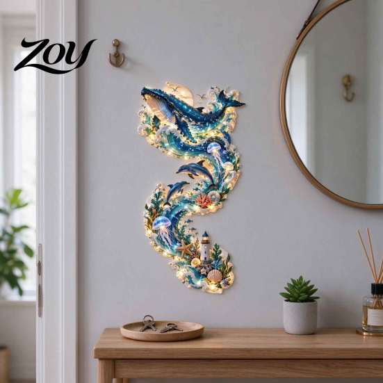 Holiday Gift for Friends 2D Acrylic Ocean Whale LED Wall Decor, Nautical Sea Animal Art Ambient Lighting Living Room with Warm Light, Coastal