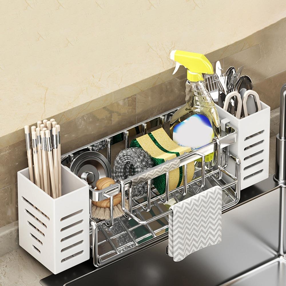 

Большая емкость для слива кухонной раковины, самоосушающаяся полка для раковины, держатель для мыла и губки для дома серебряный