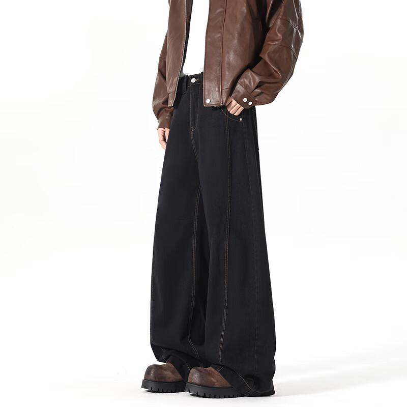 Homlean Men's High Street Retro Loose Straight Leg Denim Jeans HX02