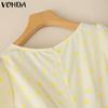 VONDA Women Square Collar Puff Sleeve Polka Dots Casual Pleated Dress