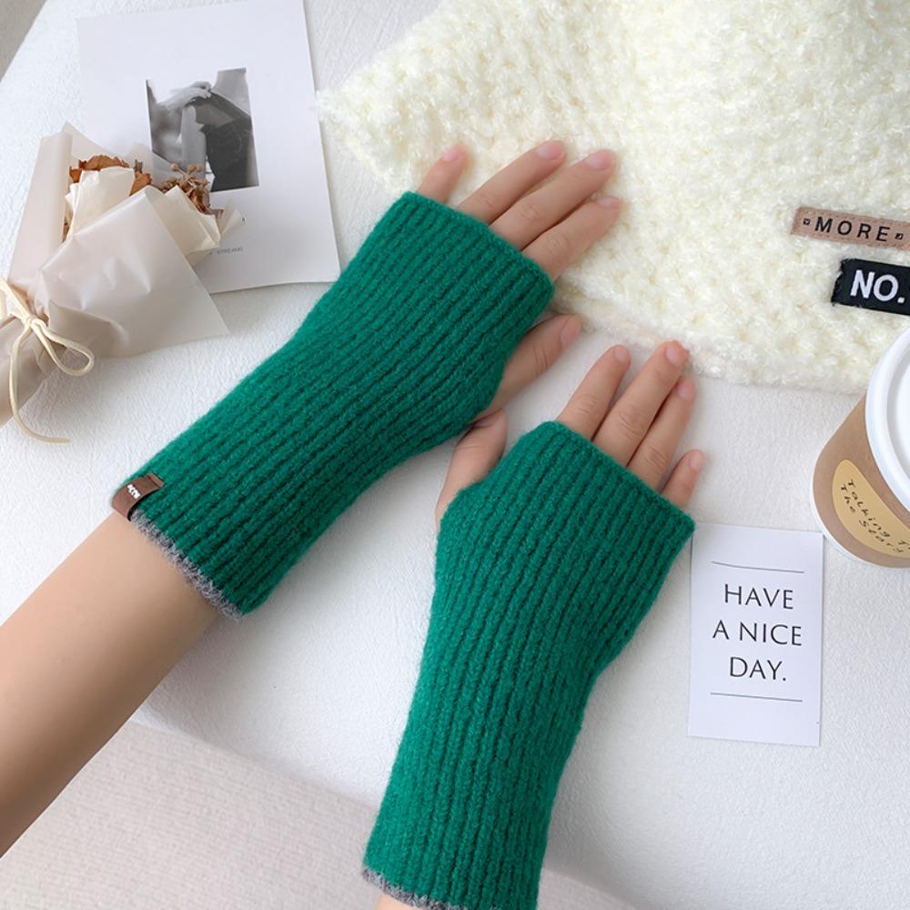 Cute Knitted Warm Half Finger Knitted Gloves Fingerless Solid Color Winter Fingerless Gloves Cashmere Thumb Hole Short Gloves