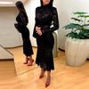 Black Lace Cutout Round Neck Bodycon Midi Dress Women 2026 Elegant Sexy Slim Fit Long Sleeve