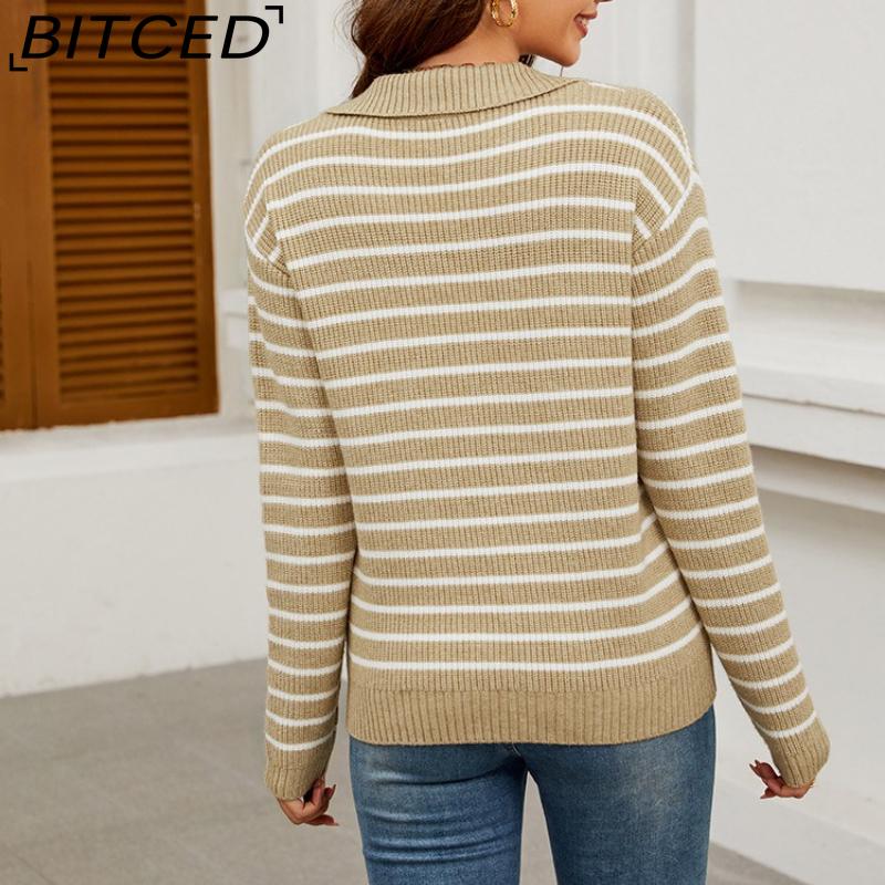 BITCED Women's Autumn/Winter Striped Sweater Casual Oversized Long-Sleeved Minimalist Pullover Knit Base Layer