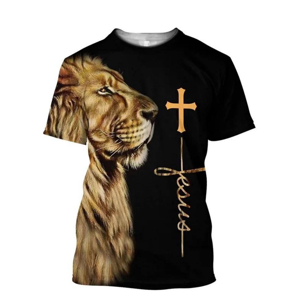 Summer Men's T-Shirt Christ Jesus Cross Lion 3D Print Tees Top Hip Hop Loose Short Sleeve Streetwear Vintage Oversized Women T-shirt