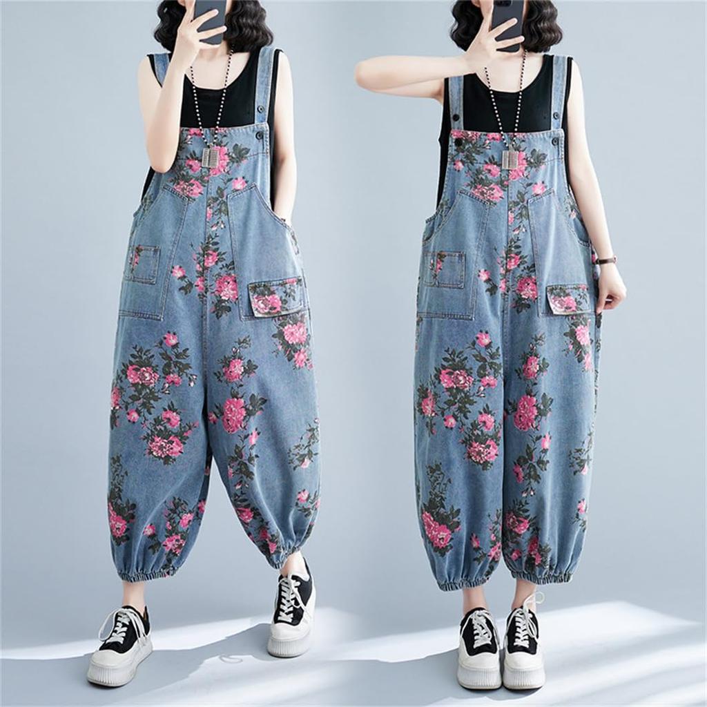 Mouhoukyo Denim Denim Loose Casual Cute Floral Sizes Women's Overalls, Wide-Leg Pants, All-in-One Pants, Fit, Jeans, Print, Spring, Summer, Autumn,