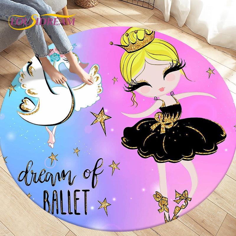 Cute Ballet Girl Ballerina Cartoon Round Area Rug,Carpet for Living Room Bedroom Sofa Playroom Decor,kid Play Non-slip Floor Mat
