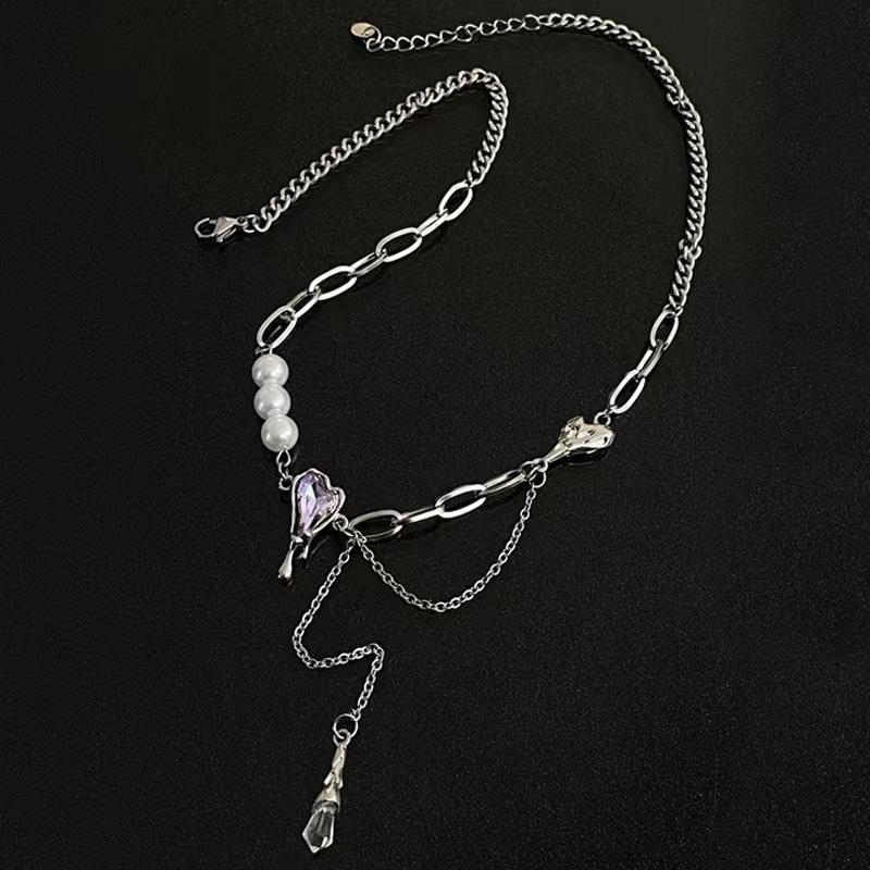 Design purple diamond love fringed pearl necklace female ins sweet cool babes hip hop collarbone chain trendy jewelry female