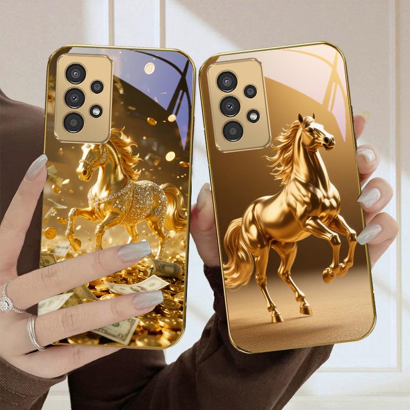 A Lovely Golden Steed For Samsung A50 A51 A52 A53 A54 A55 A56 14 15 13 16 26 31 32 33 34 35 70 71 72 73 Golden Glass Phone Case