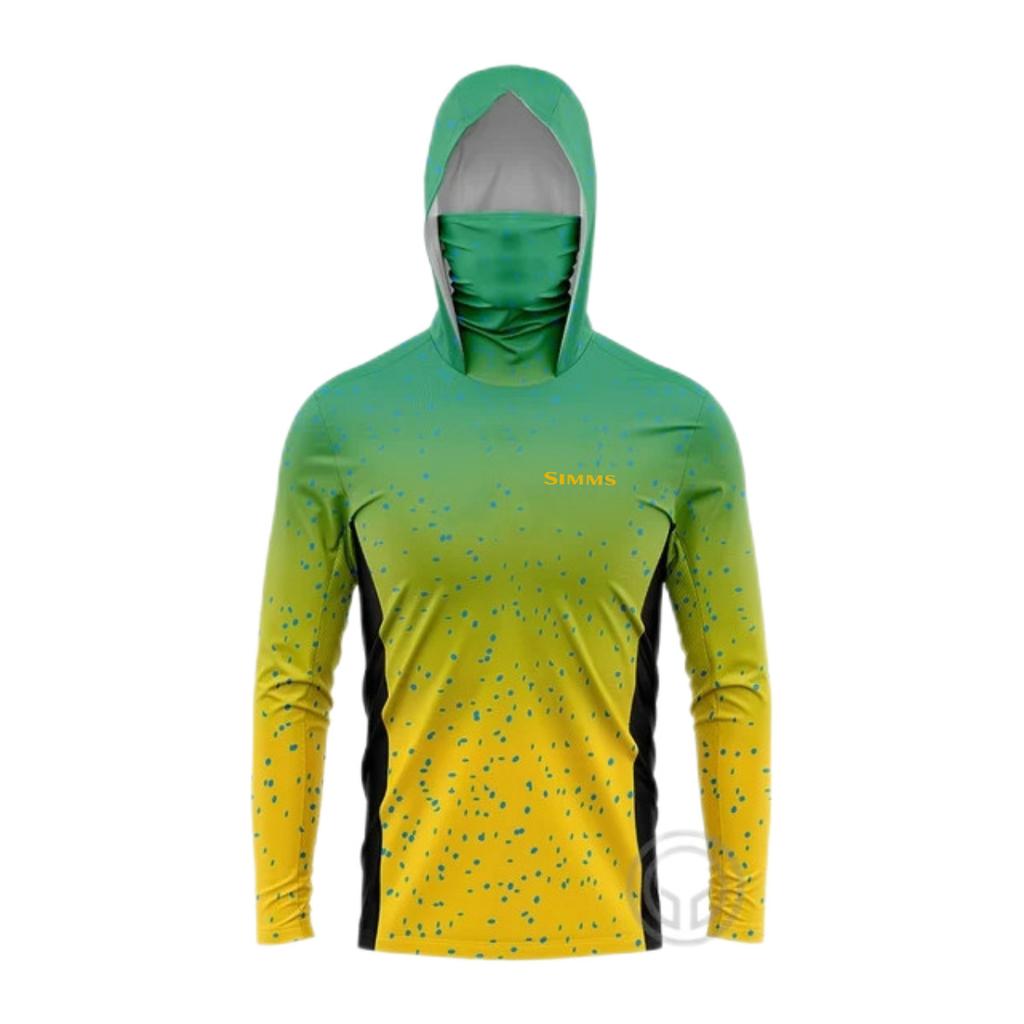 SIMMS T-shirt da pesca felpa con cappuccio manica lunga maschera integrata abbigliamento protezione solare outdoor UPF50 + con cappuccio e maschera