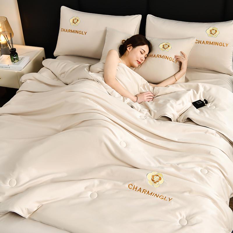 Luxurious Ice Silk Summer Quilt Set - Machine Washable, Air Conditioning Friendly, Double Size, Lightweight and Breathable.