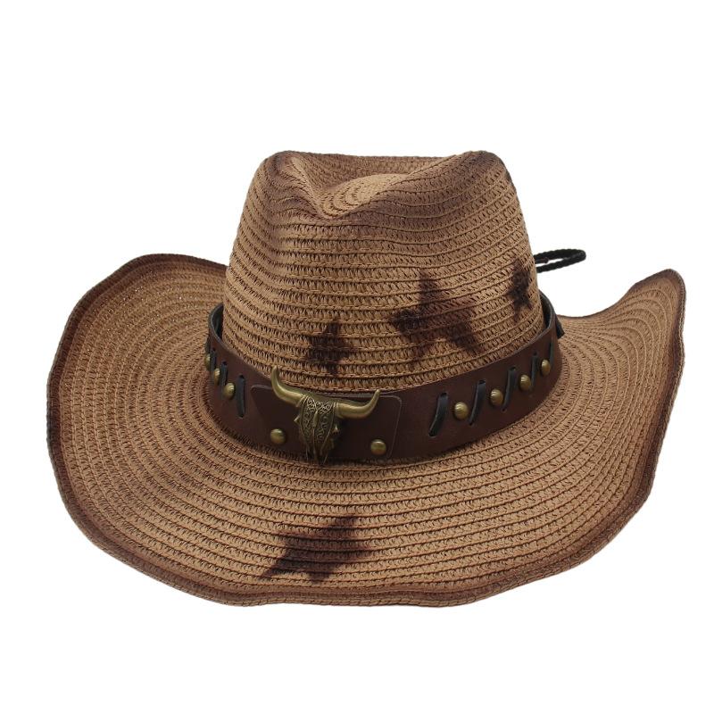 Summer Beach Straw Hat Cow Head Ethnic Wind Breathable Men'S And Women'S Pentagonal Western Cowboy Hat
