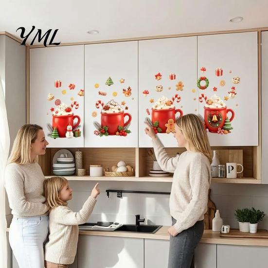 Christmas Theme Kitchen Wall Murals 2Pcs Hot Drinks Stickers for Cabinets, Self-Adhesive Art Holiday Cabinet Home Decor, Removable PVC Mug Decals with
