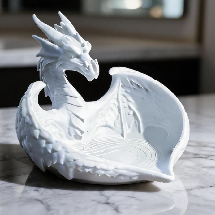 Jewelry Storage Dish with Dragon Design, White Plate for Earrings and Small Items On Desk, Shelf and Dresser Top for Home Display Use