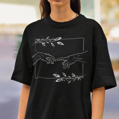 Vintage Michelangelo Schöpfung Adams Einlinien-Kunst T-Shirt Minimalistische Ästhetik Baumwolle Für Liebhaber Vintage Lässig