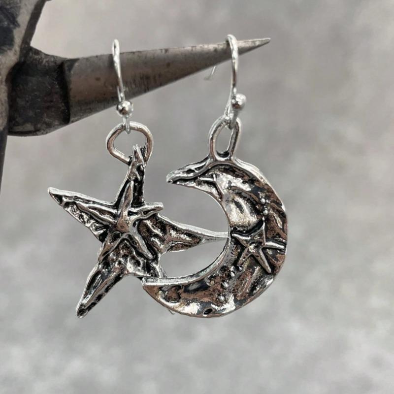 Retro Boho Moon And Star Silvery Dangle Earrings For Women Unique Daily Party Jewelry Birthday Anniversary Mother's Day Gift