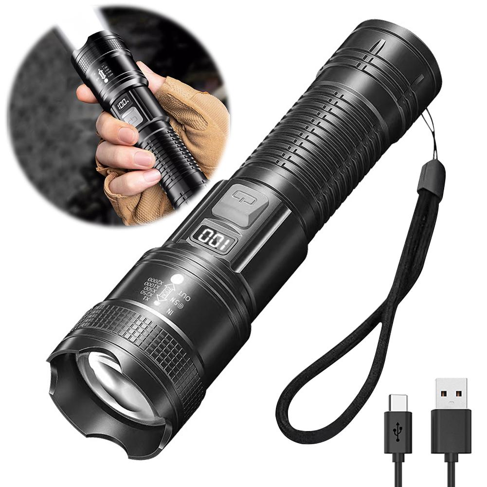 LED Outdoor Portable Flashlight USB Charging Camping Powerful Flashlight Power Display Strong Light Flashlight for Power Outages