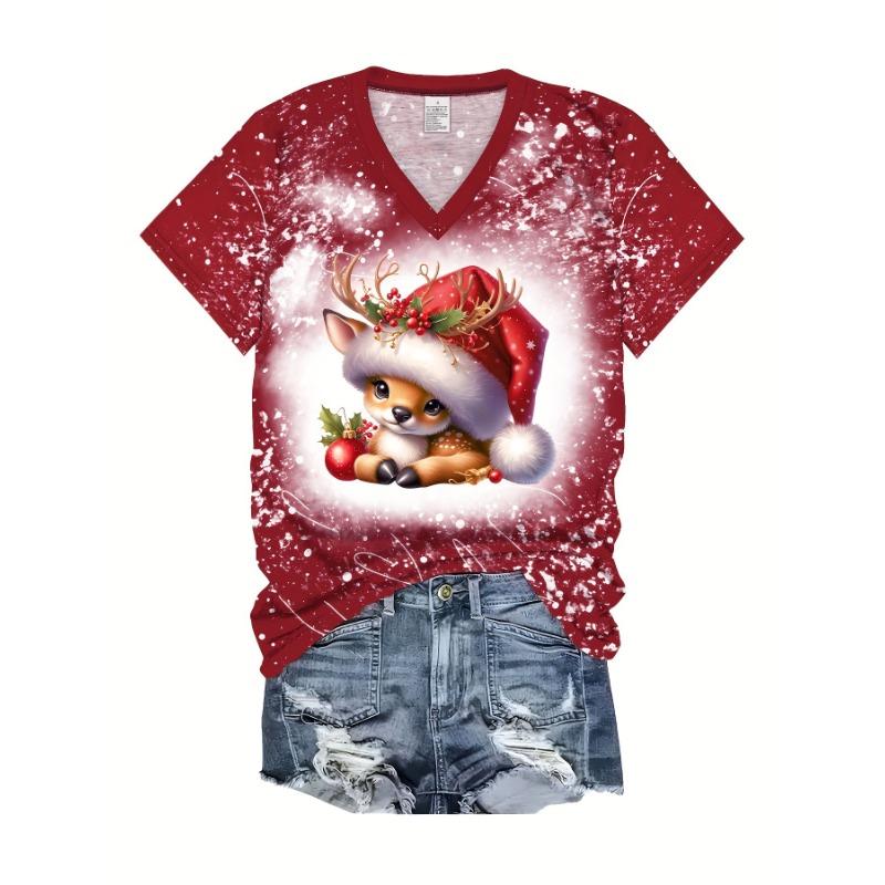 Summer V-neck 3D Christmas Printed Top Fashionable Casual Short Sleeved Women's T-shirts