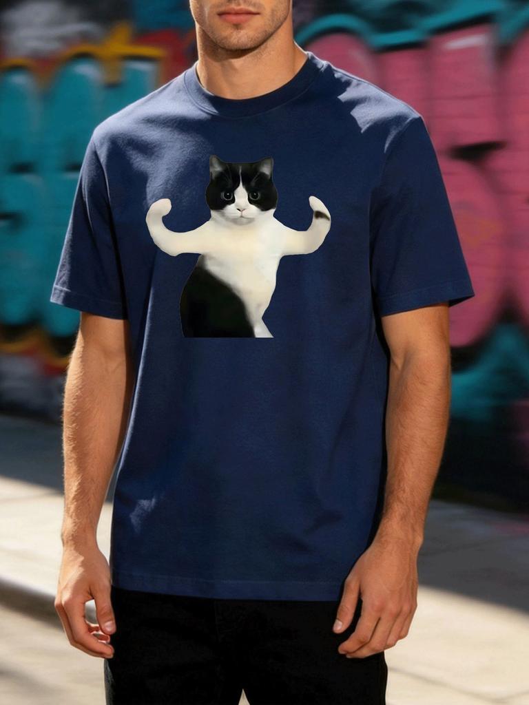 Unisex Crew Neck Tee Funny Muscular Bicolor Cat Meme Print Short Sleeve Loose Street Casual Summer Daily Top For Young Adult Males