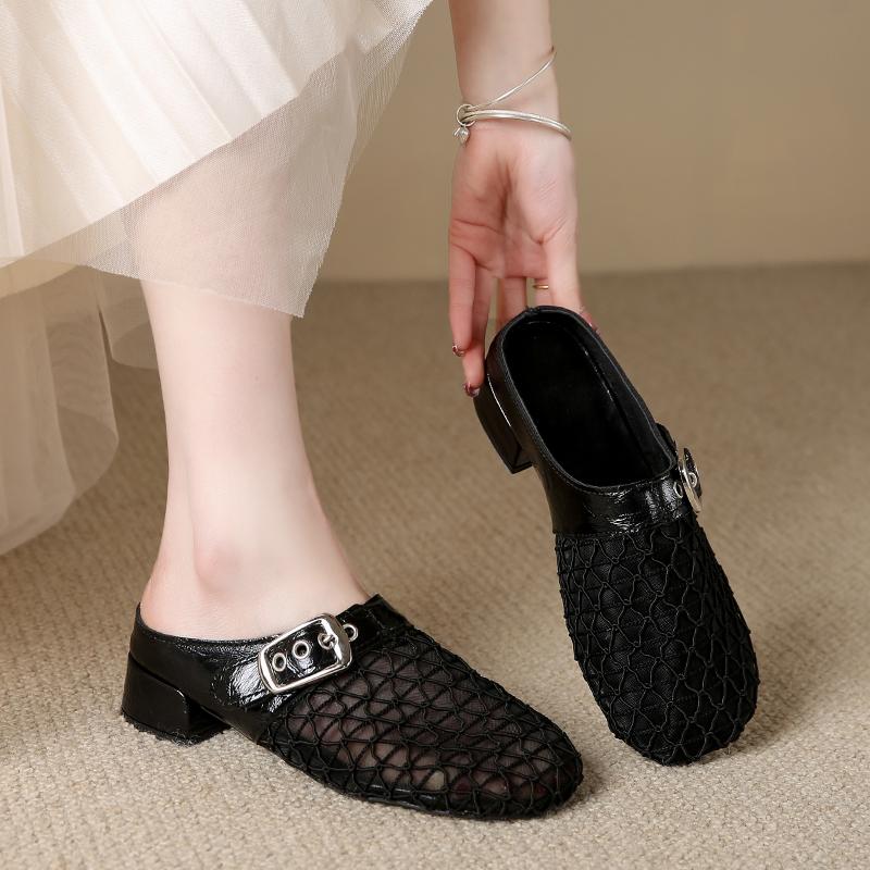 Fashion Fashion Baotou Slippers Summer New Round Head Mesh Cloth Metal Buckle Anti-slip Wear-resistant Heel Shoes