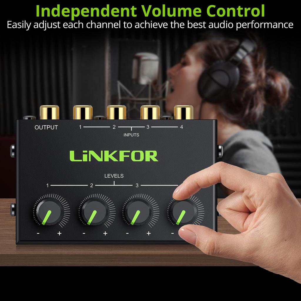 LiNKFOR Stereo Mini Mixer, RCA, 4-Channel Passive Mixer with Adjustable Volume, Metal Shell, Compatible with CD Players, Tape Players, Computers,