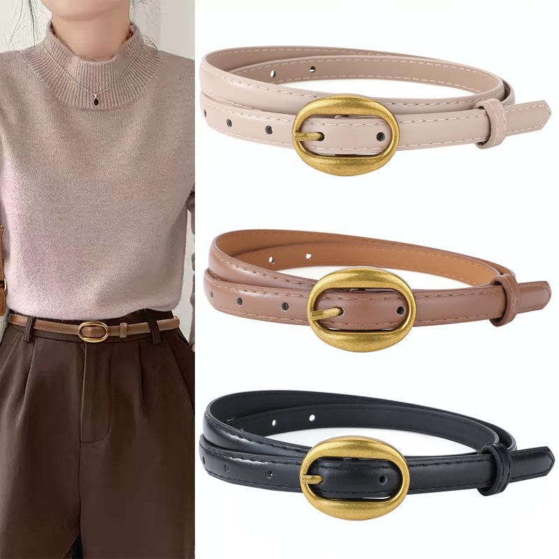Women's French Retro Oval Buckle Leather Belt - Versatile and Slim for Skirts, Shirts, and Pants.