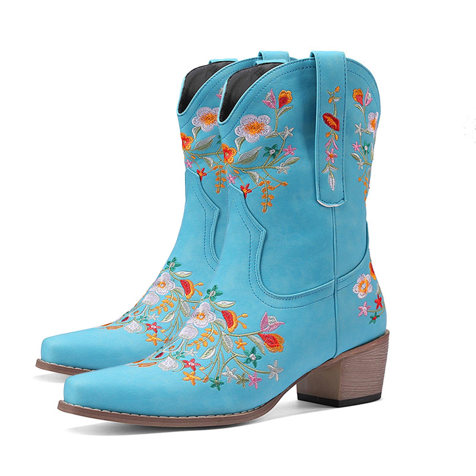 Chunky Heel Pointed Toe Women s Boots Retro Medium Heel Outer Wear Embroidery Wide Calf over The Knee Boots for Women Leather 36 светло-синий 5300₽