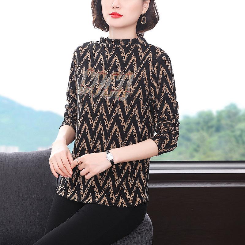 2022 Autumn/Winter Diamond Accent Plus Size Long Sleeve Half-Turtleneck Top for Women