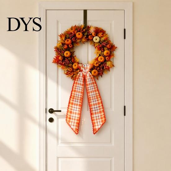 Harvest Party Decor Fall Scalloped Wreath Sash for Front Door, 55 Inch Plaid Gingham Autumn Wedding Ornament Thanksgiving Ribbon Yard Porch