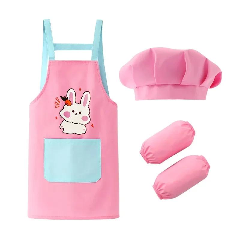 Cartoon  Kids Apron 3 Piece Set, Boys and Girls Painting Waterproof Apron, with Hat Sleeve Cover Shirt Apron Kitchen Accessories