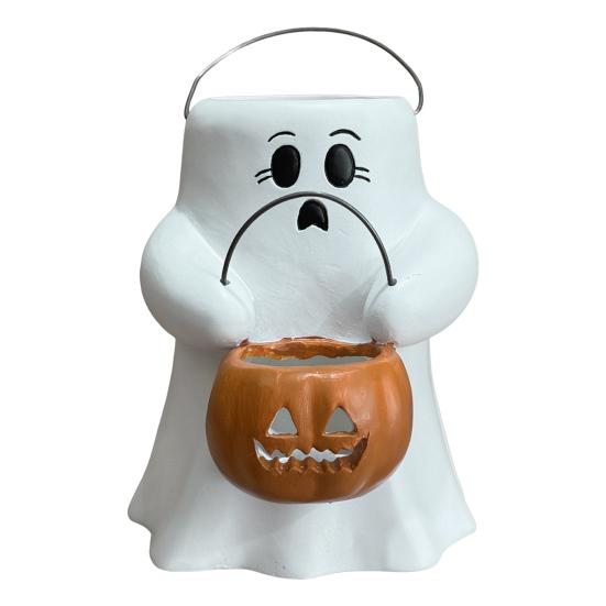 Ghost Bucket Candy Holder Lighted Halloween Treat Bucket Ghost Holding Light-up Pumpkin Lantern Bucket for Party Favors Trick or Treat