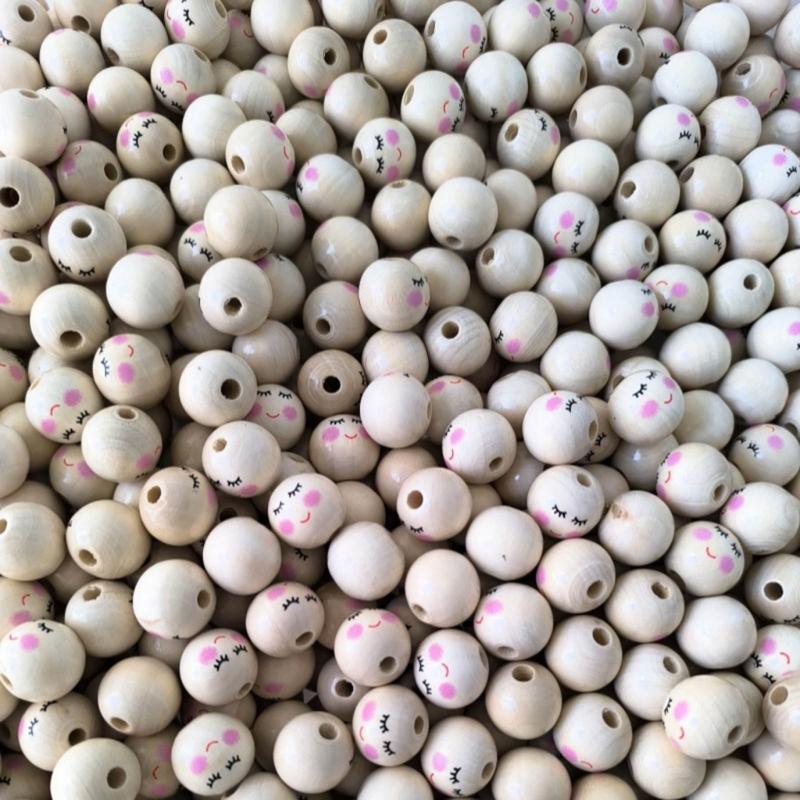 100Pcs Smiles Wood Beads Natural Wooden Beads for Crafting, Hole Round Wooden Smiles Face Beads Set for DIY Decorations