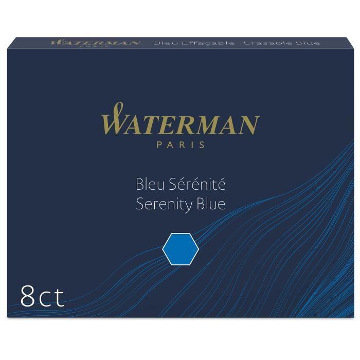 WATERMAN boîte de 8 cartouches longues, encre Bleu Sérénité effaçable pour stylo plume