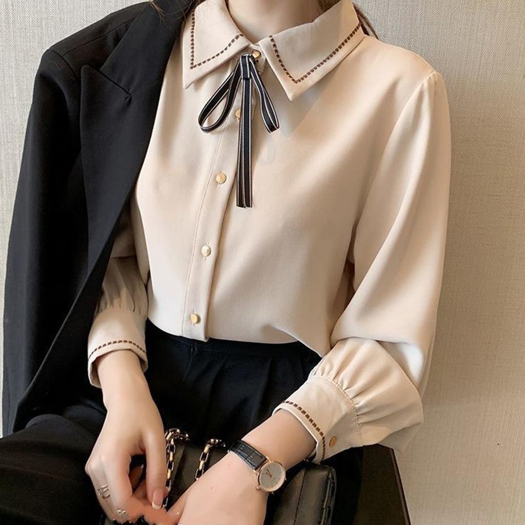 Lace Chiffon Shirt Women's Long Sleeved Spring And Bottoming Shirt, Bow Tie Shirt Design Top