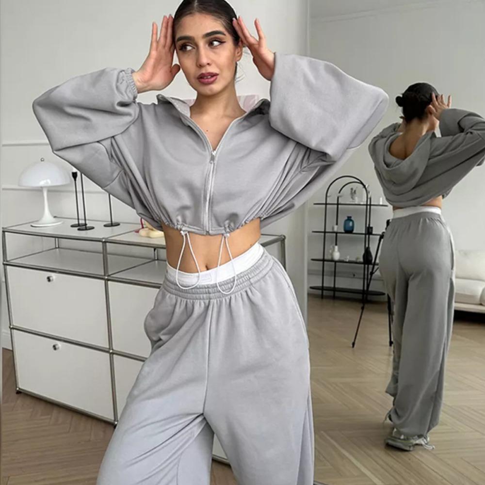 Women's Casual 2-Piece Sports Suit: Solid Color Long-Sleeve Zipper Cardigan with Drawstring Hood + Elastic-Waist Pants
