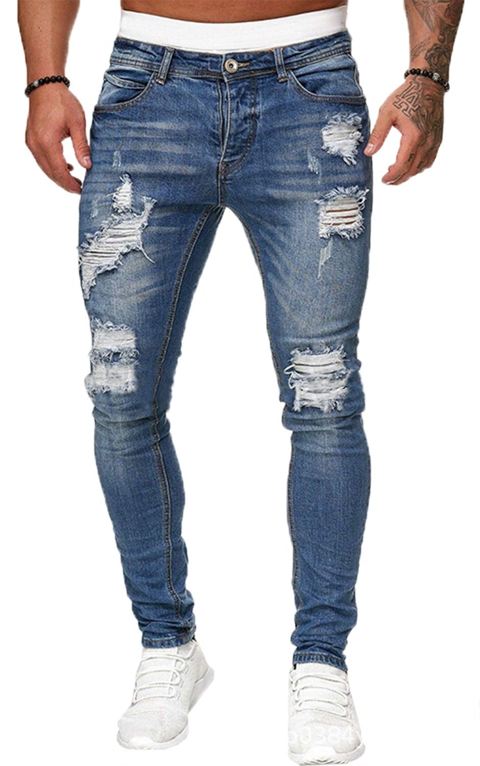 

de Джинсы с потертостями для Рваного Пэчворка Поврежденные 05 [Petit Francais] Мужские, Деним, Джинсы, Джинсы, D-14 (Синий, XXL)