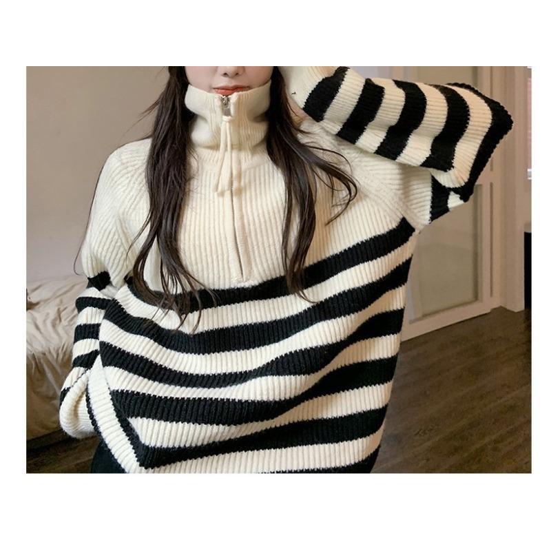 Pruhovaný pulovr se stojáčkem a polovičním zipem pro ženy Podzimní a zimní volný pletený svetr pro ženy